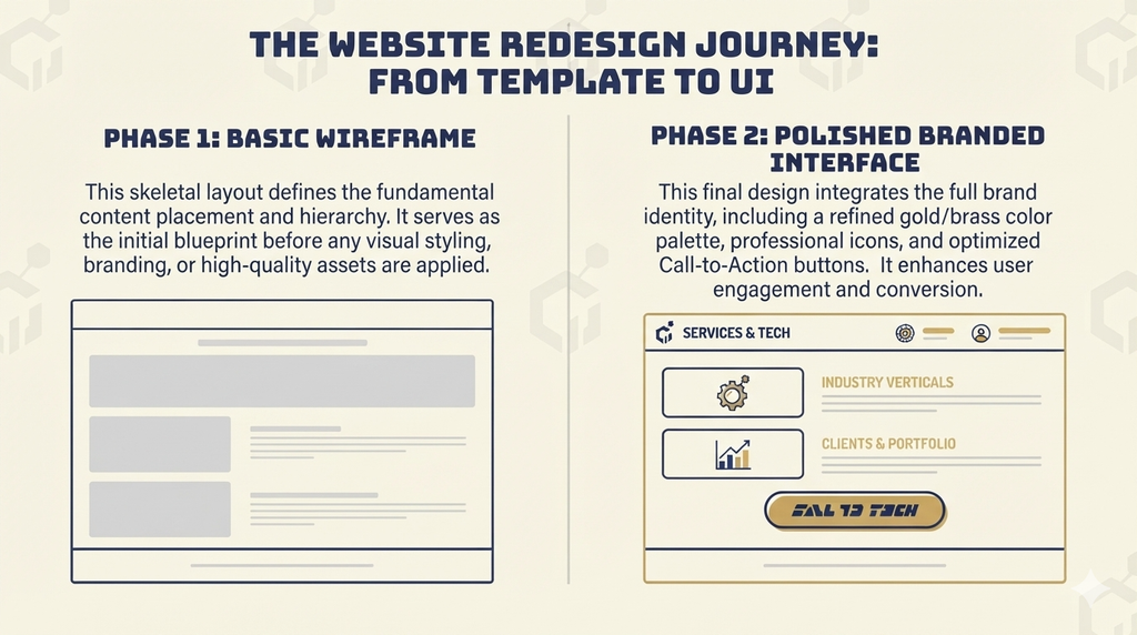 Comparison illustration of a basic DIY website template versus a refined, professionally built version