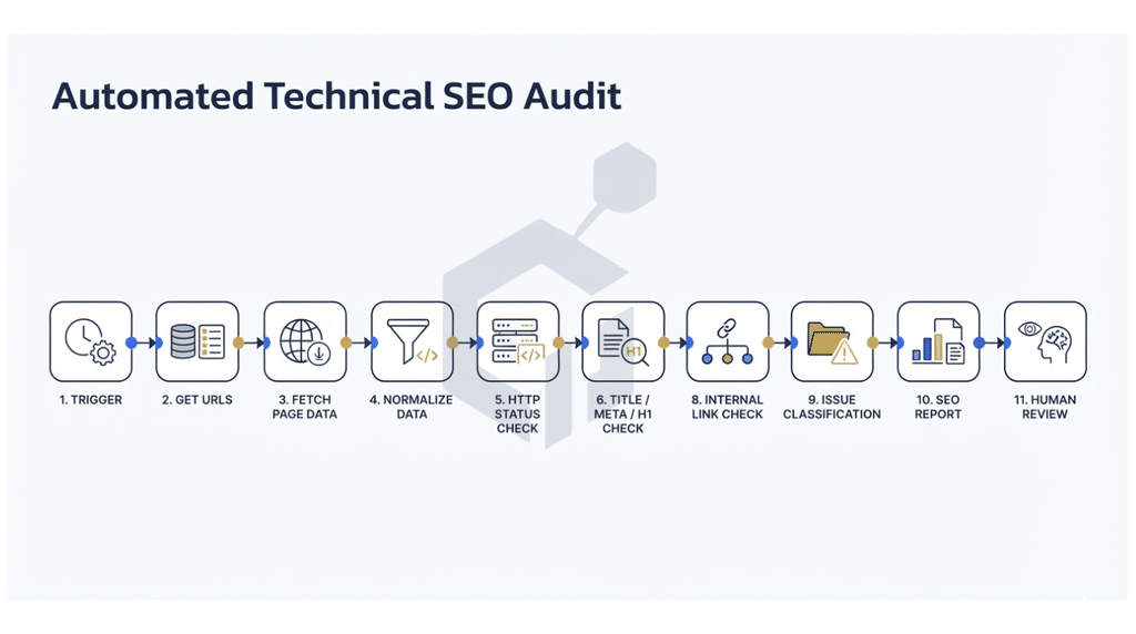 Automated technical SEO audit workflow Automated technical SEO audit workflow showing URL collection, technical checks, issue classification, reporting and human review.