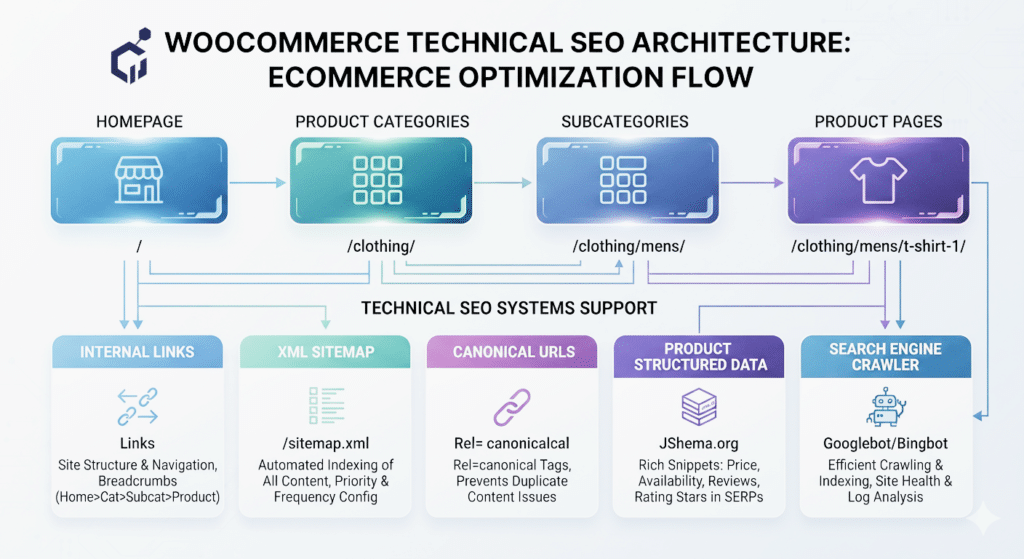WooCommerce technical SEO architecture showing product categories, product pages, internal linking, XML sitemap and canonical URLs.
