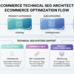 WooCommerce technical SEO architecture showing product categories, product pages, internal linking, XML sitemap and canonical URLs.