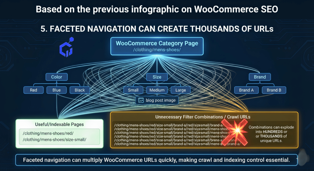 WooCommerce faceted navigation creating multiple filter URLs for color, size, brand and price.